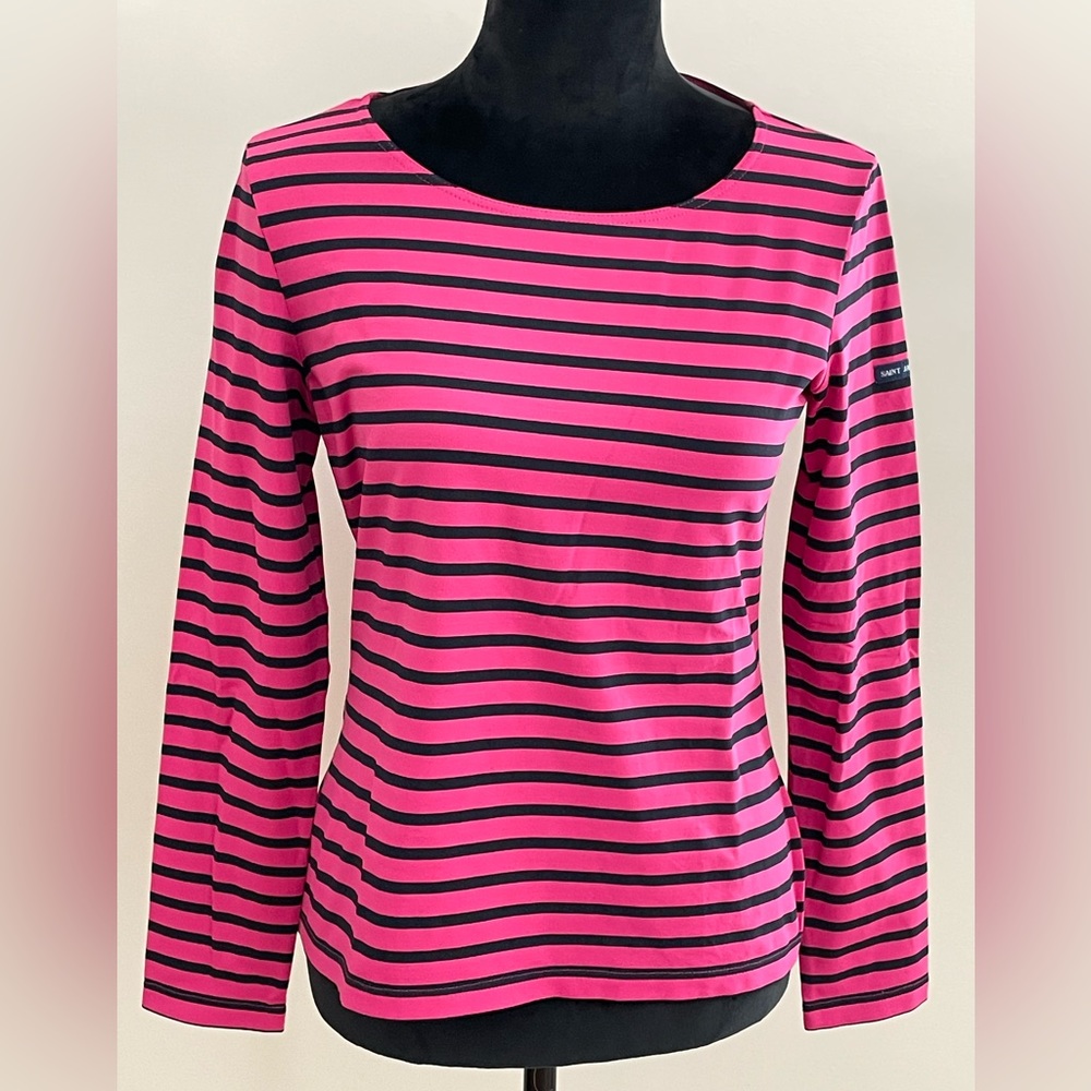 SAINT JAMES Pink & Navy Blue STRIPED Long SLEEVES STRETCH TOP Sz 10